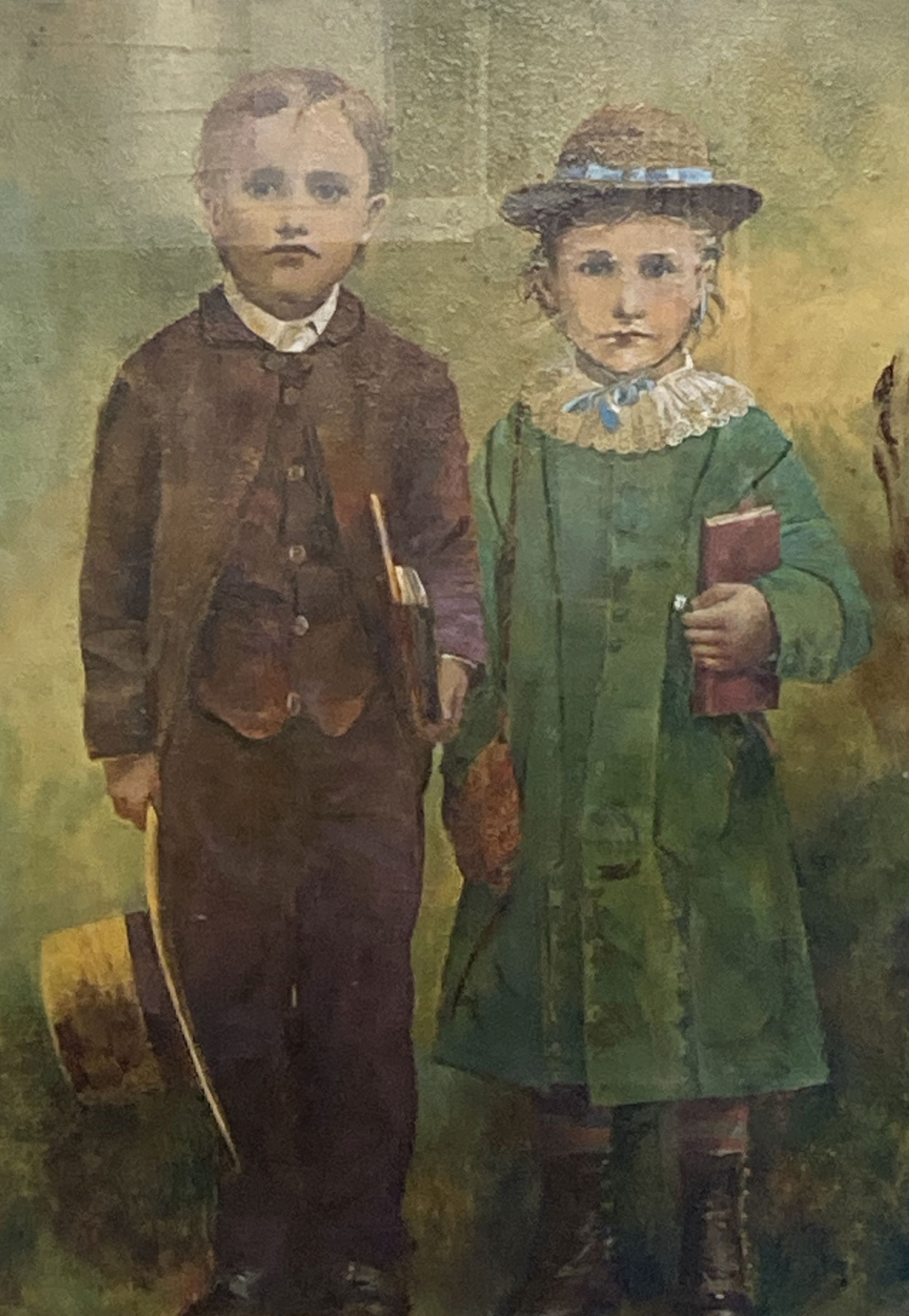 English School, overpainted print, Portrait of two Edwardian children, 93 x 67cm